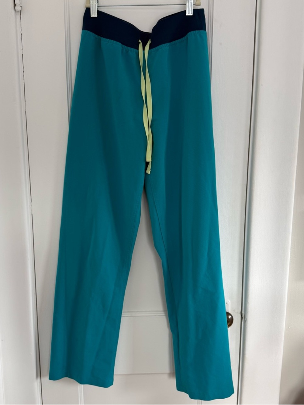 Figs Teal Men's Scrub Pants with Navy Waistband and Lime Drawstring